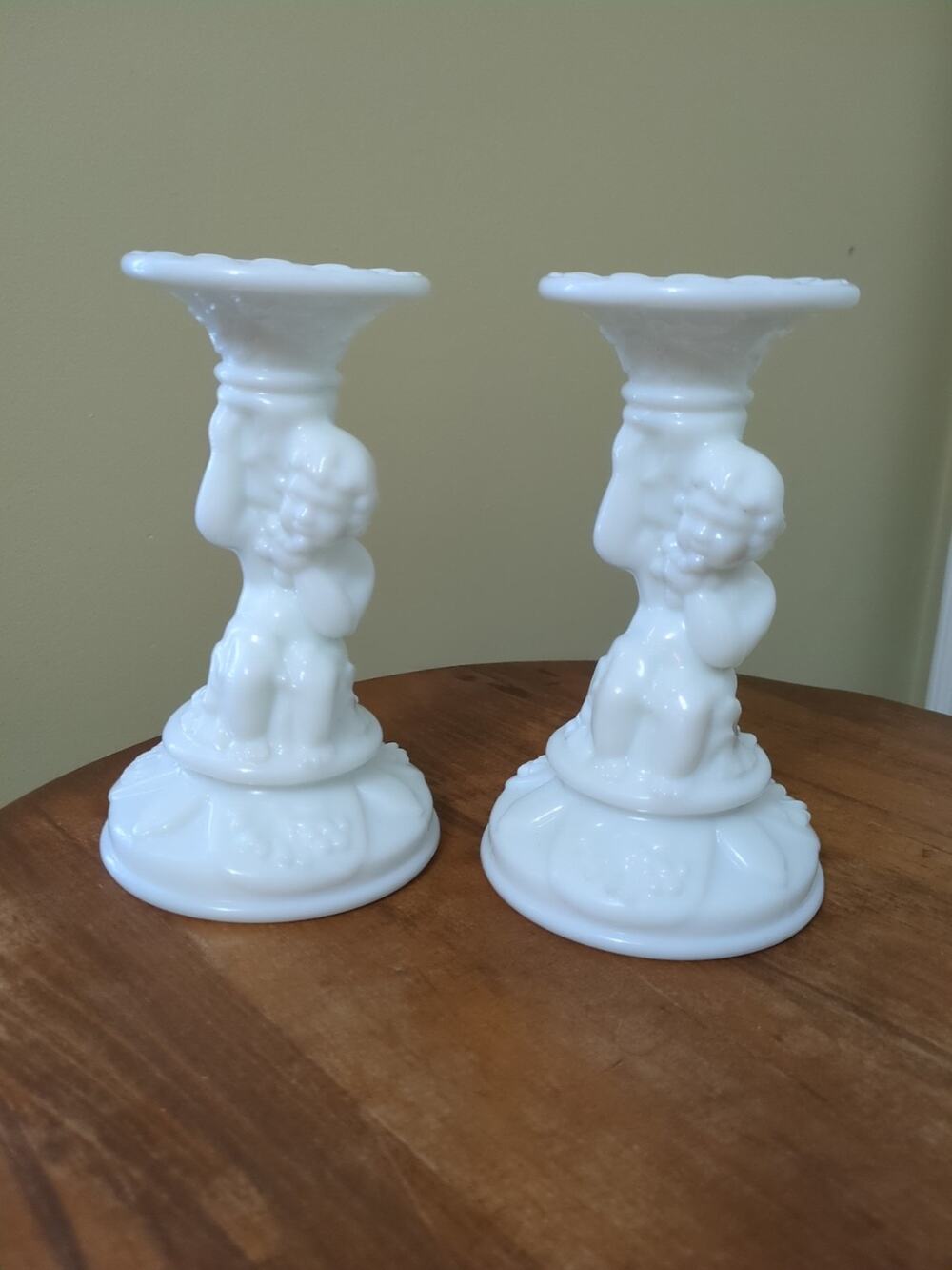 Imperial Glass White Milk Glass Cherub Candleholders Vintage